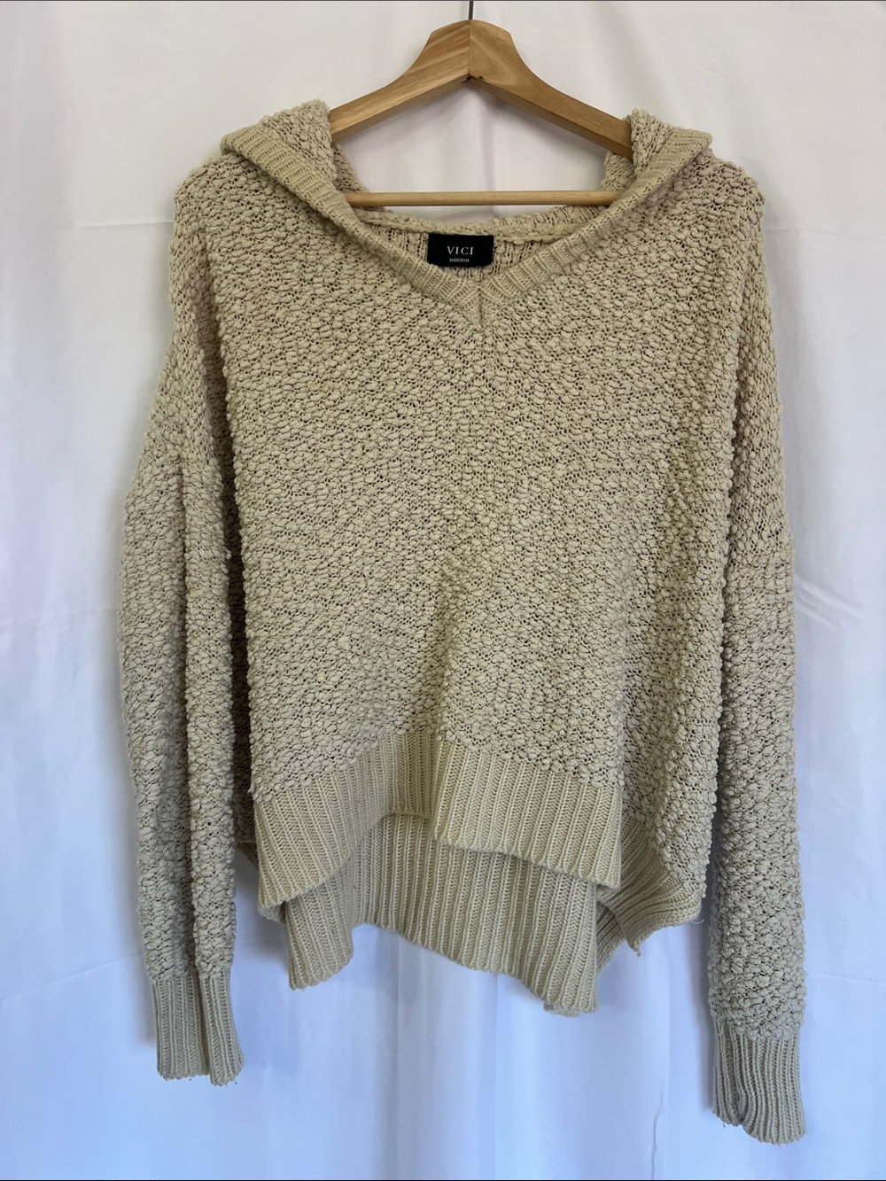 VICI Cream Popcorn Knit Hooded Sweater